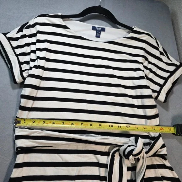 Chaps Womens Black White Striped Tie Waist Short Sleeve Knee Length Dress Medium - Picture 2 of 11